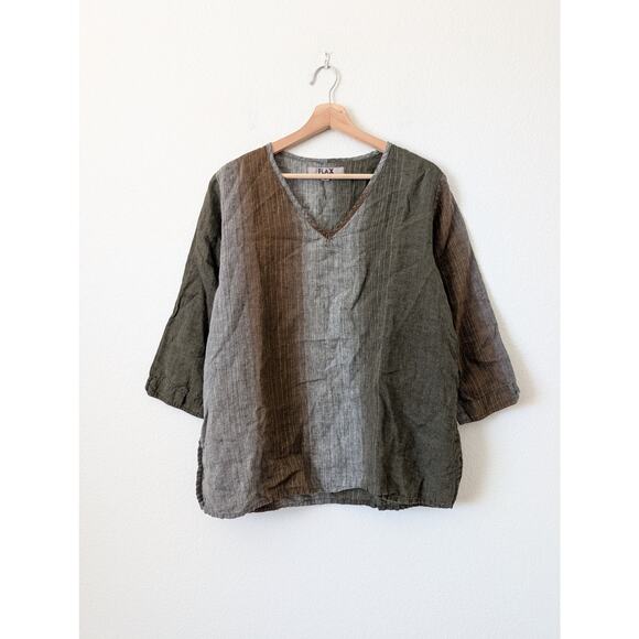 FLAX Linen Stripe Color Block Pullover Blouse Medium Neutral Mocha Brown Natural - Picture 7 of 10